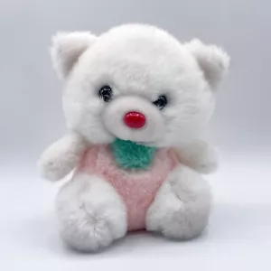 Vintage Colorblock weiße Katze Bär Plüsch Shake Sound rote Nase sitzend rosa 7 Zoll - Bild 1 von 10
