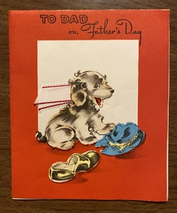 Vtg 1940s Happy Father's Day Dad Greeting Card Dog Puppy Chewing Hat Slipper P3B - Picture 1 of 17