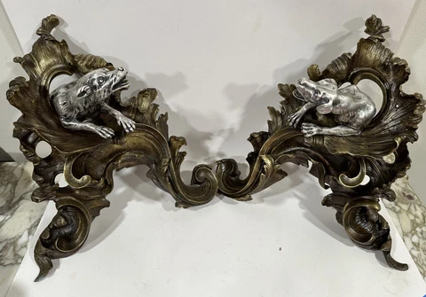 Antique Pair of Bronze Figural Hunting Dog Chenet Andirons French Rococo Scrolls Cover