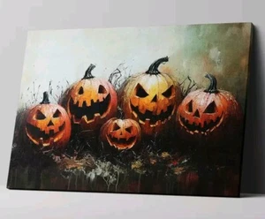 Creepy Halloween Jack O Lantern Scary Pumpkin Canvas Wall Art Decor Framed Print - Picture 1 of 8