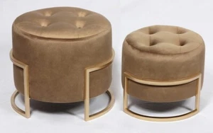 Premium OTM-L2-VELVET BU round shaped footstools in medium brown -2pieces - Picture 1 of 22