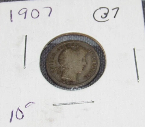 Silver 1907 p Philadelphia Mint Silver Barber Dime . Old coin Cover