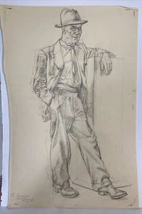 Antique Vintage original Signed Male pencil sketch drawing By D. Cayne - Picture 1 of 6