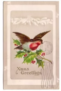 Xmas Greetings, Bird, Holly, Antique 1910 Embossed AS Meeker Christmas Postcard - Foto 1 di 2