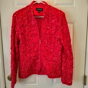 Vintage 80er Scarlett Nite Gr. L rot Satinoptik Pailletten Reißverschluss Jacke LOL46 - Bild 1 von 6