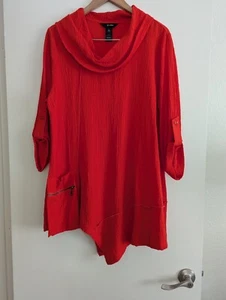 Ali Miles rot Crinkle asymmetrischer Saum Kunst Wasserfallausschnitt Riegelärmel Tunika Top L - Bild 1 von 7