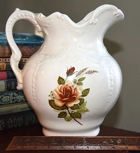 VINTAGE PORCELAIN WHITE W/ YELLOW BROWN ROSE PITCHER 11" H VICTORIAN STYLE EUC - Picture 1 of 11