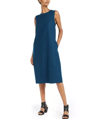 Vestido midi para mujer Eileen Fisher azul abeto lana hervida linterna talla L Foto 1 de 4