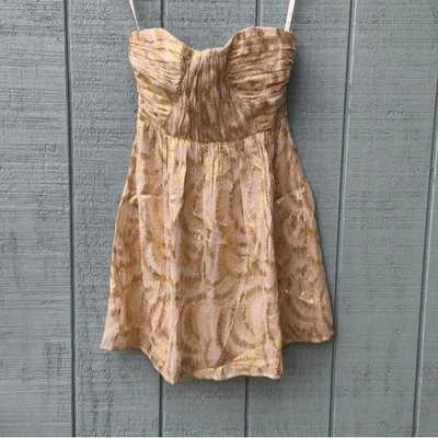 Shoshanna Metálico Seda Plisado Corsé Top Mini Vestido Estampado Abanico Talla 4 Marfil Dorado Foto 1 de 4