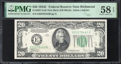 1934-C $20 RICHMOND NEW BACK FEDERAL RESERVE NOTE PMG 58 EPQ Fr 2057-Enb 78443 - Image 1 of 2
