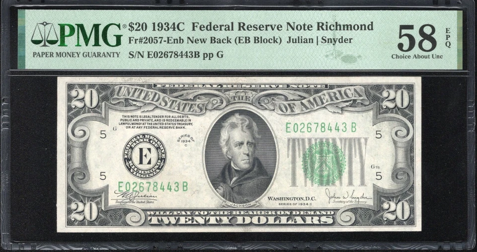 1934-C $20 RICHMOND NEW BACK FEDERAL RESERVE NOTE PMG 58 EPQ Fr 2057-Enb 78443 - Image 1 of 2