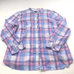 Talbots NWOT Large Cotton Mandarin Ruffled Button Long Sleeve Plaid Shirt Blue - Picture 1 of 9