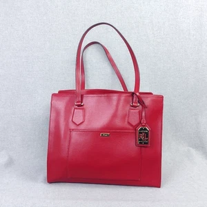 Bolso de Mano Ralph Lauren RLL Cuero Rojo Doble Asa Estructurado Grande Rectángulo - Imagen 1 de 10