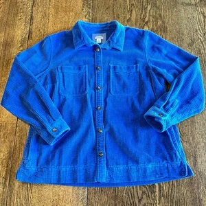 LL Bean Wide Wale Corduroy Button Up Shirt Shacket Medium Petite Womens Blue - Picture 1 of 15