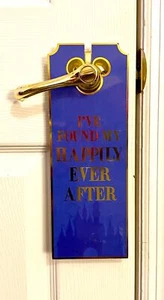 HAPPILY EVER AFTER ! Disney Parks Reversible Door Knob Hanger Sign. Blue Gold - Picture 1 of 4