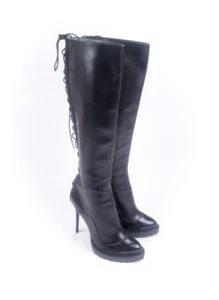 RARE ALEXANDER MCQUEEN Women's Sz US 6.5 EU36.5 RIKK Black Leather Heel Boots - Picture 1 of 13