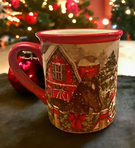 Tazza da caffè natalizia scena neve fienile rosso fienile cavallo 16 oz. Bellissimo western ceramica - Foto 1 di 2