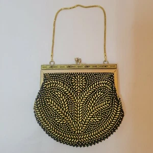 Vintage schwarz gold Perlen Clutch Handtasche Flapper Deko Kette Handgelenktasche Griff - Bild 1 von 10