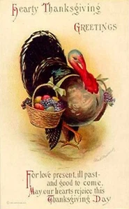 Postcard Thanksgiving Turkey Carrying A Basket Full Of Fruit Reprint #10491 - Picture 1 of 2