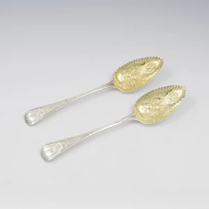 Stunning Pair Of Georgian Parcel Gilt Silver Berry Serving Spoons - Picture 1 of 8