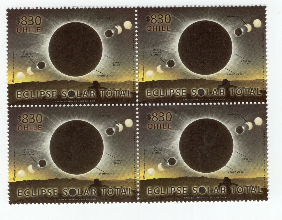 CHILE 2019 total ECLIPSE Astronomía bloque de 4 Luna Sol MNH Foto 1 de 1