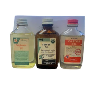 Vtg Dr Sachs Pameco York Camphorated Castor And Sweet Oil  Medicine Bottles Full - Picture 1 of 9