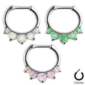 Prong Opalite (Synthetic Opal) Septum Clicker Nose Ring Steel Bar 16g #SP69 - Picture 1 of 1