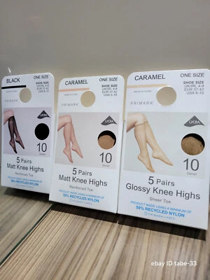 Primark Womens 5 Pairs Knee Highs Tights Socks Caramel Black Glossy Matt 10Denie - Image 1 of 2