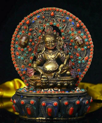 6.6" Antiguo Tíbet Cobre Plata Incrustación Gema Amarillo Jambhala Riqueza Dios Buda Estatua Foto 1 de 4