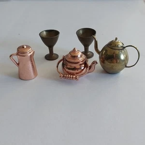 5Pc Lot Dollhouse Miniature Metal Copper Brass 2 Kettles Coffee Pot 2 Goblets - Picture 1 of 15