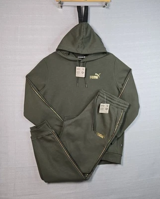 Conjunto de calças com capuz e jogger PUMA masculino grande verde oliva ouro fita lã essencial - Imagem 1 de 4