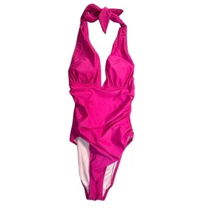 Cupshe Women's S Magenta V-Neck Plunge Halter Backless Ruched One Piece Swimsuit - Picture 1 of 11