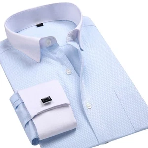 Mens Dress Shirts French Cuff White Collar Formal Business No Iron Slim Shirts - Picture 1 of 22