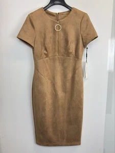 CALVIN KLEIN NWT $134 Soft Brown Tan Faux Suede Ring Zipper Pencil Dress Size 6 - Picture 1 of 10