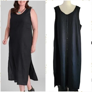 Avenue Black Linen Blend Maxi Dress Size 26/28 Sleeveless Side Slit Faux Button  - Picture 1 of 4