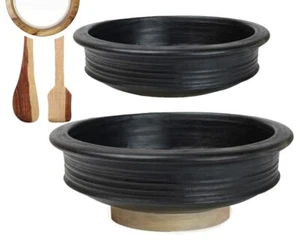 Terracotta Clay Pottery Mud Pot Earthen Handi Cooking Black Combo 1 L & 2 L - Picture 1 of 3