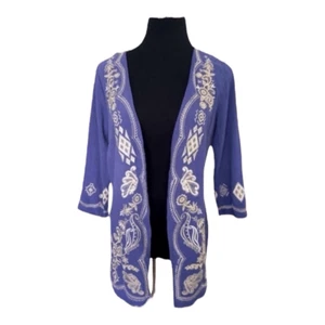 Linen Blue Cardigan Jacket Size S Open Front Floral Embroidered 3/4-Sleeve - Picture 1 of 11