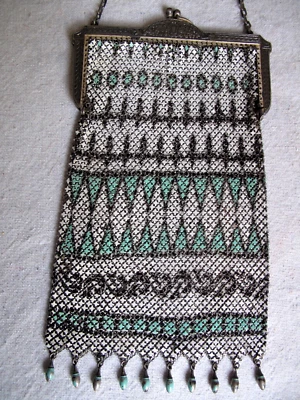 Antique Mandalian Green, Black on White Enamel Mesh Purse Silver Plate Frame - Image 1 of 4