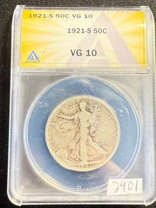 Gorgeous Toning 1921 S WALKING LIBERTY HALF DOLLAR 50c ANACS VG 10 2901 - Picture 1 of 4