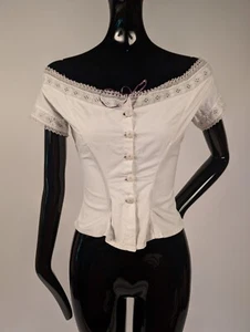 1870’S VICTORIAN BONED LINEN CAMISOLE TOP W WIDE SET EYELET NECKLINE - Picture 1 of 6