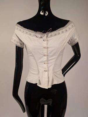 CAMISOLA TOP VICTORIANO LINO DESHUESADO AÑOS 1870 CON CONJUNTO ANCHO ESCOTE OJALES Foto 1 de 4