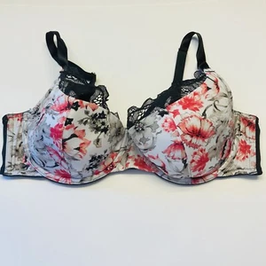 Cacique Lightly Lined French Balconette Bra Plus Size 42D White Black Floral - Picture 1 of 6