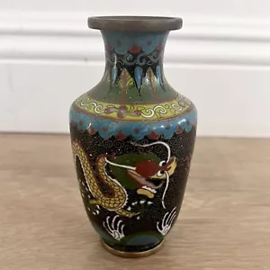Antique 19th Century Chinese Cloisonné Enamel Brass Vase Two Dragons Play A Ball - Picture 1 of 10