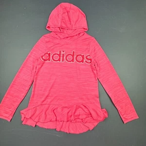 Adidas Hoodie Shirt Girls Size 10/12 Pink Long Sleeve Ruffle Hem Logo Activewear - Picture 1 of 9