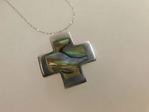 Abal Shell Cross Pendant Necklace Pure 925 Sterling Silver Vtg - Picture 1 of 6