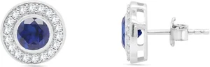 Next Day Ship 0.5Ct Natural I2/J Diamond & Sapphire Halo Stud Earrings Silver - Picture 1 of 7