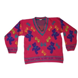 Jet set Sweaters Size L 14 Vintage Youth Knit Teddy Bear Bow Pink V-Neck Sweater - Picture 1 of 8