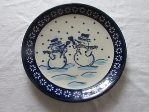 2 Boleslawiec Polish Pottery Winter Blue White Snowman 7½ Luncheon Plates - Picture 1 of 2