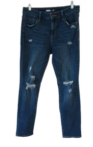 Old Navy Power Straight Denim Jeans Size 6 Mid Rise Blue Medium Wash Distressed - Picture 1 of 6