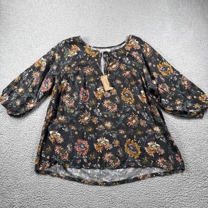 Natural Life Top Womens L Floral 3/4 Sleeve Keyhole Tie Neck Boho Peasant NWT - Picture 1 of 13